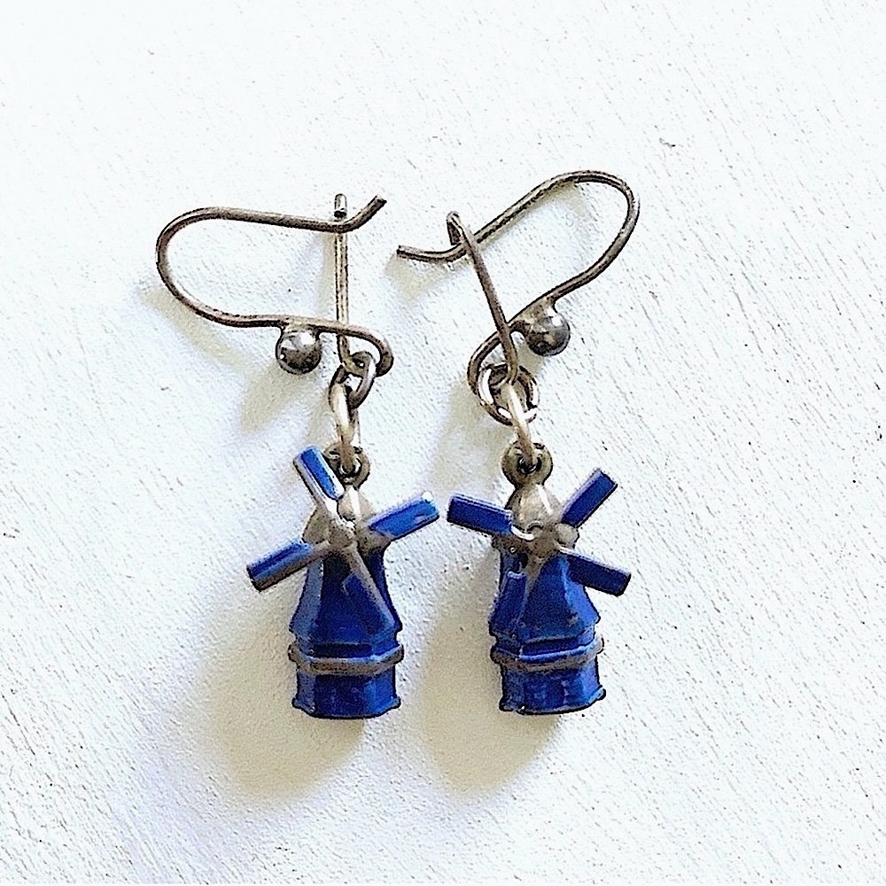 Vintage Scandinavian Silver Tone Blue Enamel Windmills Pierced Earrings - Picture 1 of 7